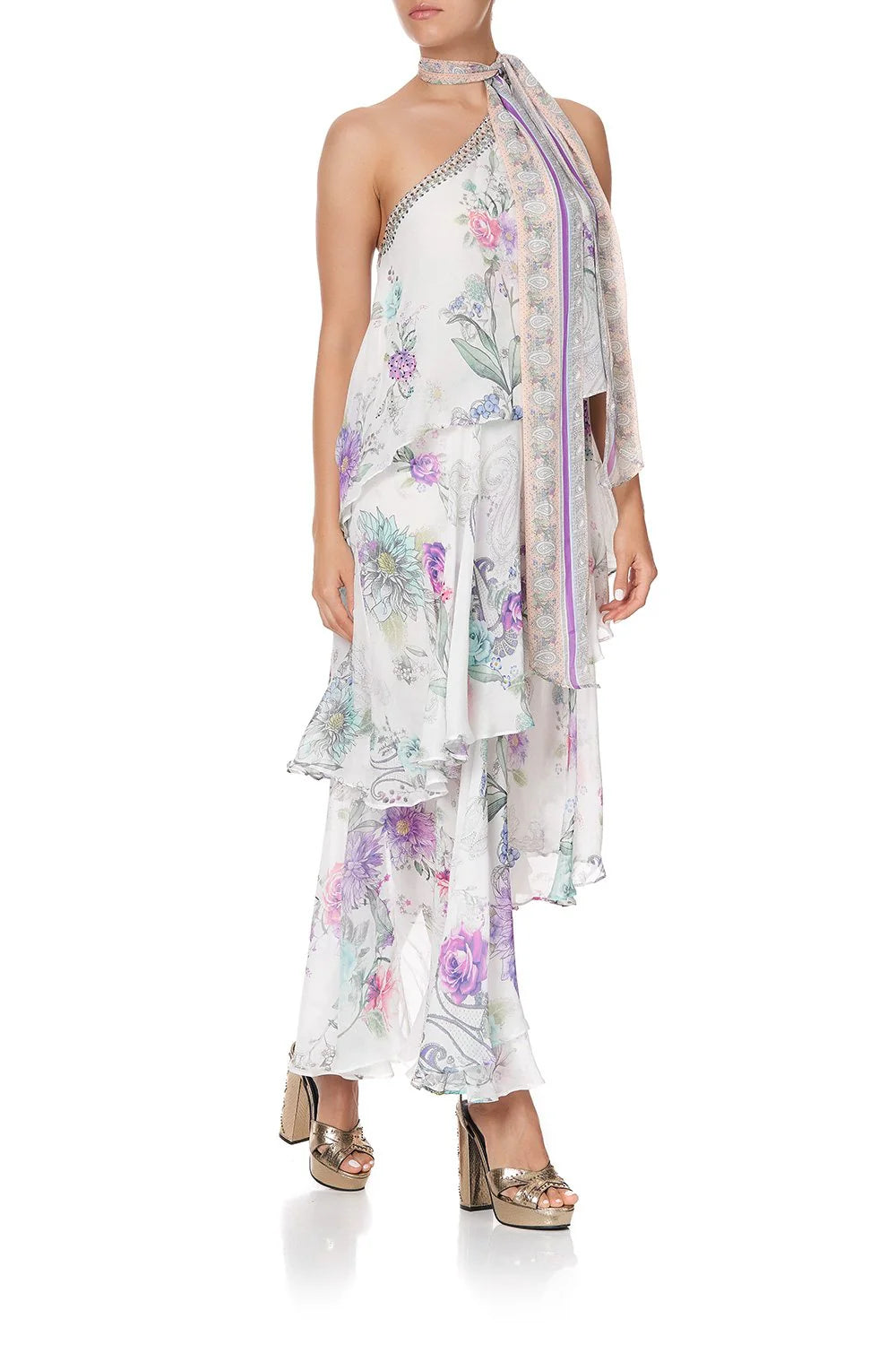 Camilla Asymmetrical Neck Tie Dress – Forever Far Print (Size Medium)