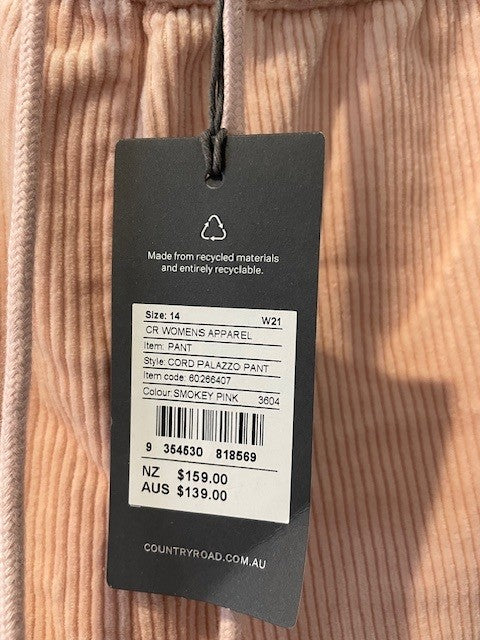 Country Road Cord Palazzo Pant – Smokey Pink | Size 14 | Brand New